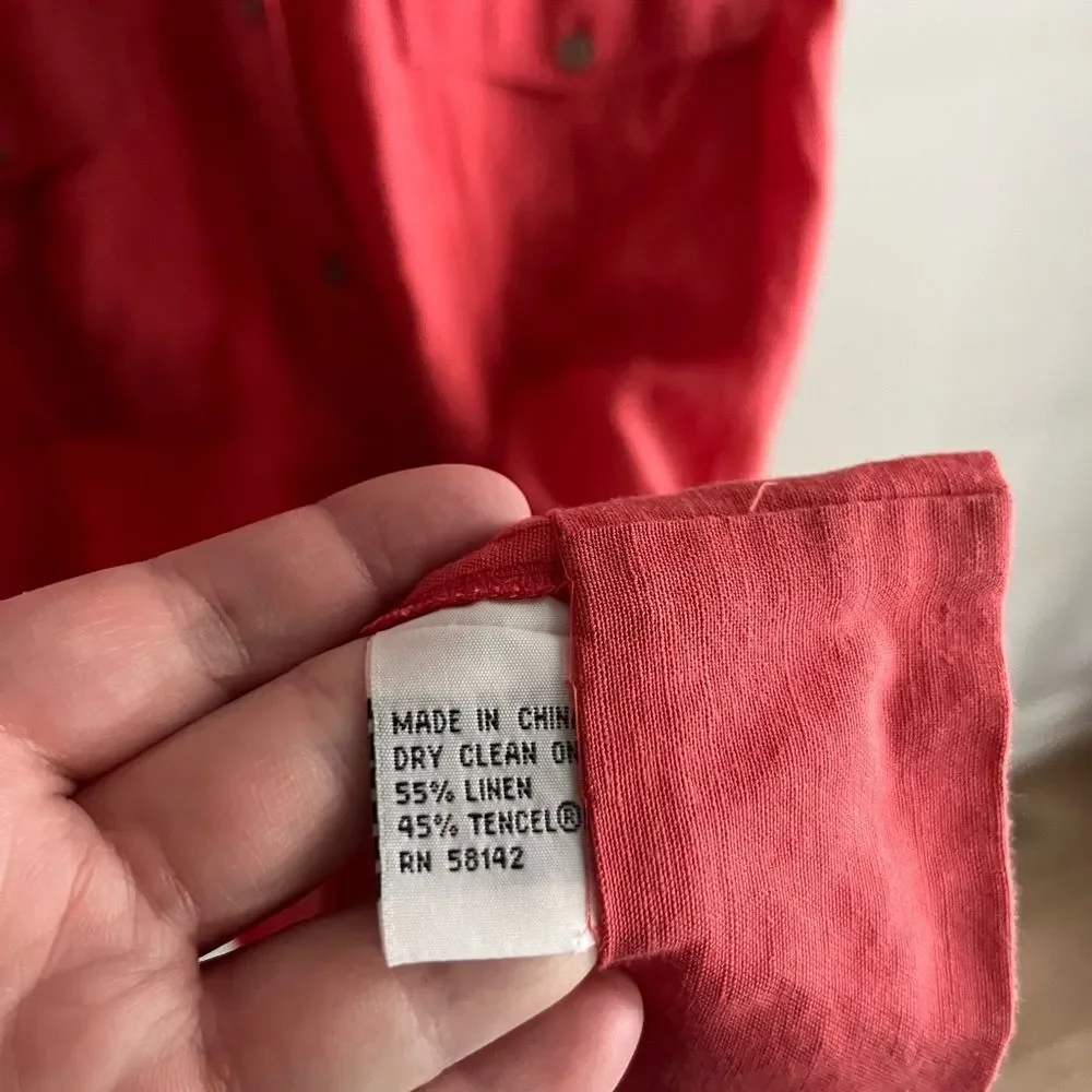 Talbots Linen Blend Shirt-Dress With Pockets Short Sleeve Red Rustic M-L